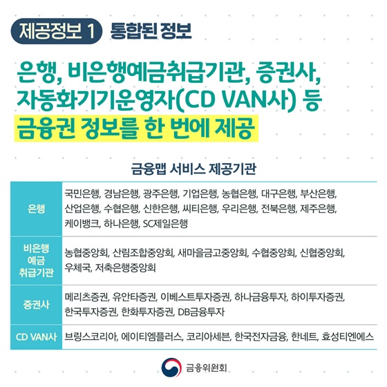 은행, 비은행예금취급기관, 증권사, 자동화기기운영자(CD VAN사) 등 금융권 정보를 한 번에 제공