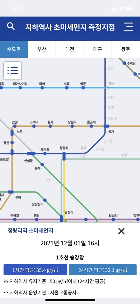 청량리역 초미세먼지 수치.(출처=인에어 앱)