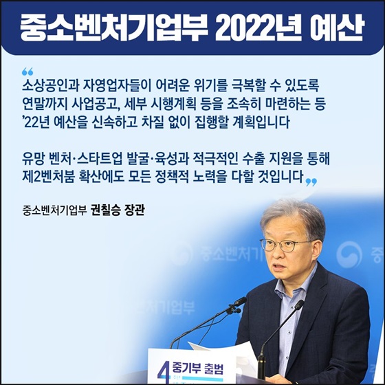 연말까지 사업공고, 세부 시행계획 등을 조속히 마련하는 등 ’22년 예산을 신속하고 차질 없이 집행할 계획입니다.