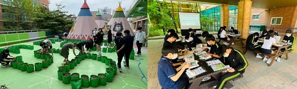 송내고등학교 학생들이 환경교실 하늘뜨락 활동(왼쪽)과 야외 환경수업에 참여하고 있다. (사진=송내고등학교)