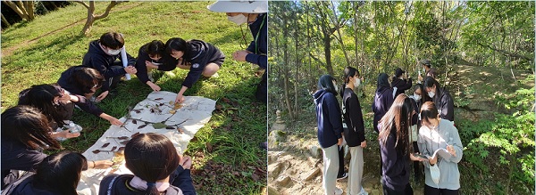 목포혜인여자고등학교 학생들이 숲 체험(왼쪽)과 기후변화 모니터링 활동에 참여하고 있다. (사진=목포혜인여자고등학교)