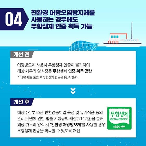 친환경 어망오염방지제를 사용하는 경우에도 무항생제 인증 획득 가능