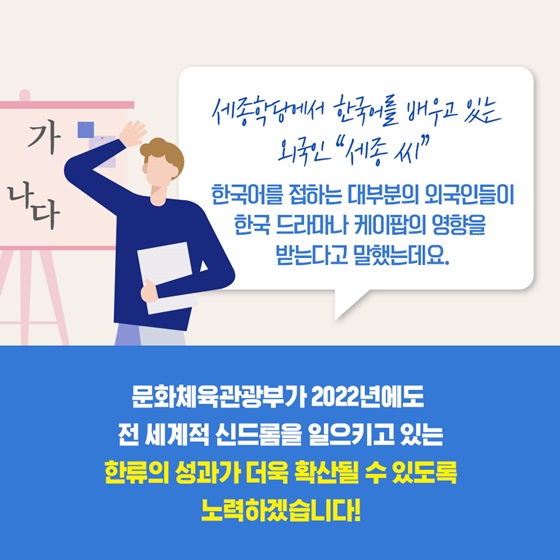 2022년에도 전 세계적 신드롬을 일으키고 있는 한류의 성과가 더욱 확산될 수 있도록 노력하겠습니다