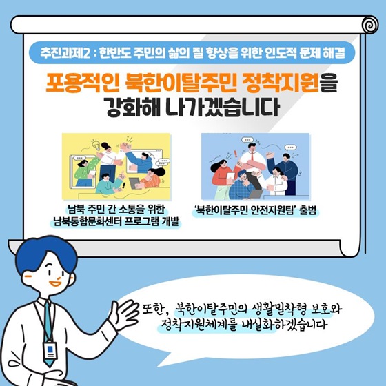 포용적인 북한이탈주민 정착지원을 강화해 나가겠습니다.