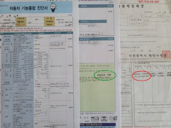 자동차 기능 종합 진단서와 새로운 검사 유효기간이 부착된 자동차 등록증을 받았다.