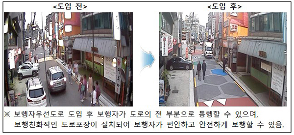 서울 마포구의 보행자우선도로 시범 조성 사례.