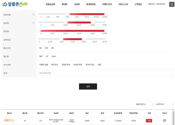 알뜰폰 허브에서 맞춤요금제를 검색한 화면.
