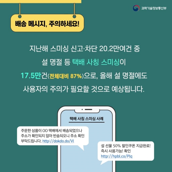 설 명절, 택배 배송·정부 지원금 사칭한 ‘스미싱’·‘보이스피싱’ 주의하세요!