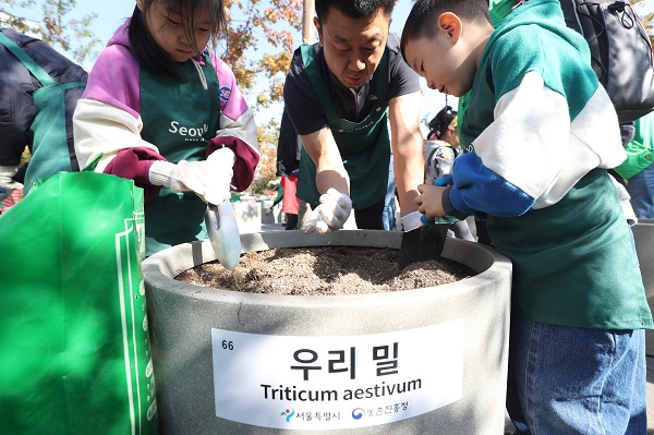 지난 2018년 10월 20일 오전 서울 중구 만리동광장에서 열린 '서울로 우리 밀 소리정원 만들기' 행사에서 어린이를 동반한 가족이 밀파종 만들기를 하고 있다. (사진=저작권자(c) 연합뉴스, 무단 전재-재배포 금지)