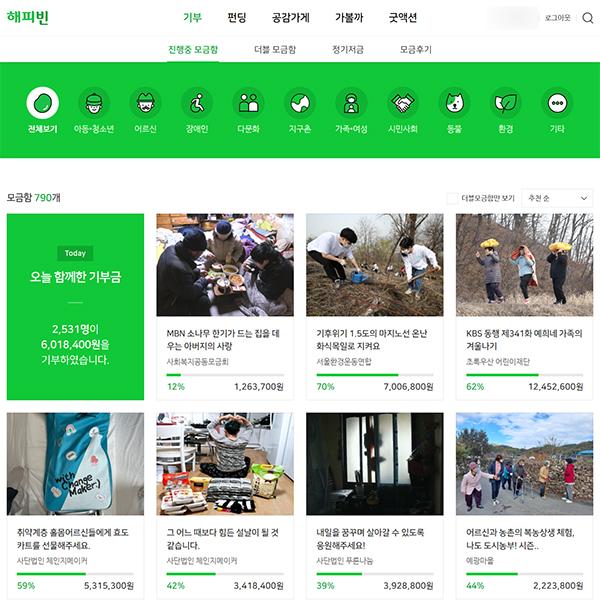 포털 사이트 네이버에서는 해피빈이라는 공익모금 플랫폼을 운영하고 있다