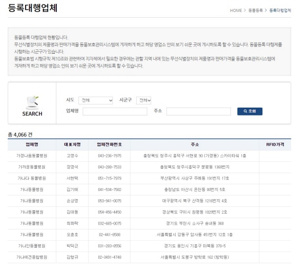 동물병원 검색은 동물보호관리시스템에서 가능하다.