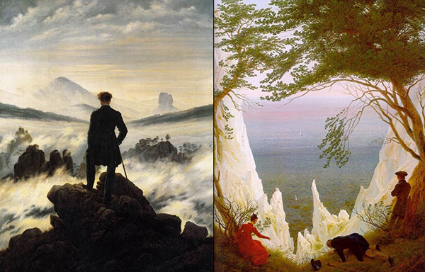 다비드 프리드리히(David Friedrich)의 <안개 바다 위의 방랑자>(왼쪽)와 <뤼겐의 백악절벽>. (그림=아트비 artvee)