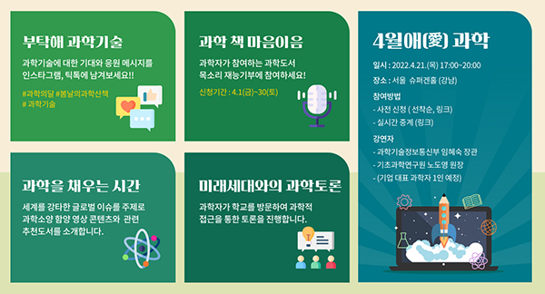봄날의 과학산책과 함께하는 2022 과학의 달 프로그램 종합 안내. (자세한 내용은 본문에 설명 있음)