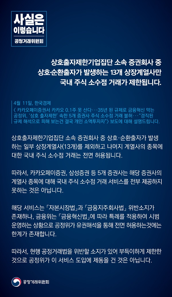 공정거래위원회는 “상호출자제한기업집단 소속 증권회사 중 상호·순환출자가 발생하는 13개 상장계열사만 국내 주식 소수점 거래가 제한된다”고 밝혔습니다.