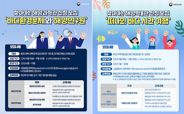 국립해양과학관(왼쪽)과 국립해양박물관 ‘찾아가는 해양교육’ 모집 안내. (이미지=해양수산부 블로그)