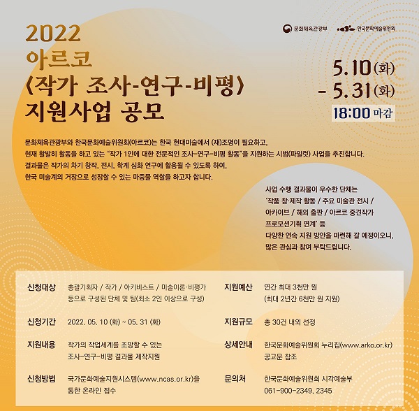 2022년 아르코 <작가 조사-연구-비평> 지원사업 공모”></span></figure>
</div>
<p>문의 : 문화체육관광부 시각예술디자인과(044-203-2748) </p>
</p></div>
<div class=