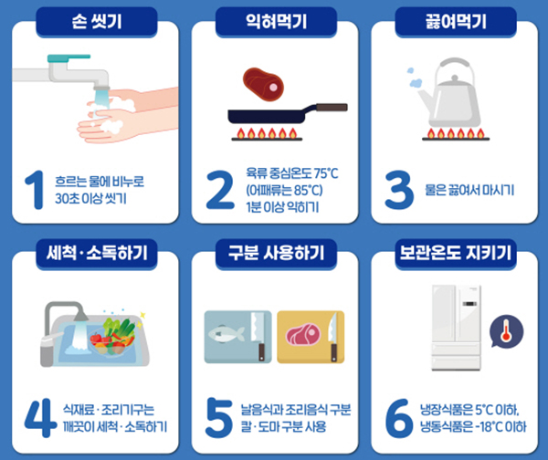 식중독 예방 6대 수칙. (자세한 내용은 본문에 설명 있음)