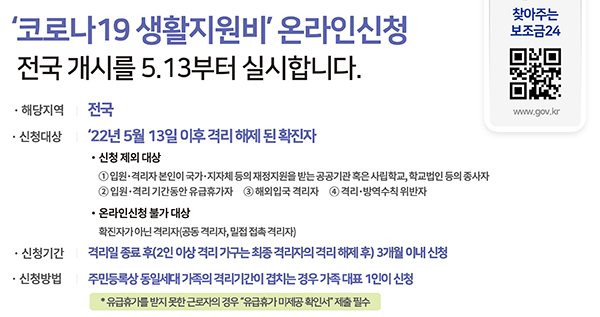 코로나19 생활지원비 온라인신청 안내문. (자세한 내용은 본문에 설명 있음)