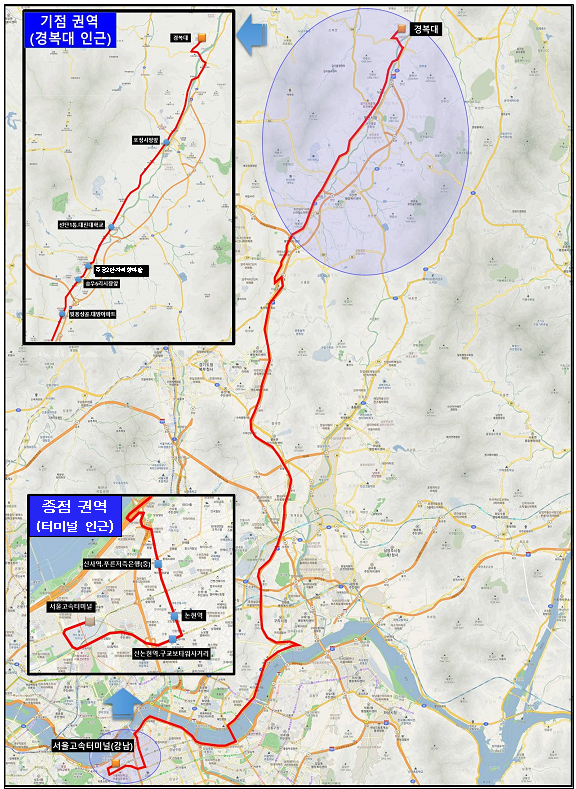 포천시 1403번(경복대~서울고속터미널) 노선도.