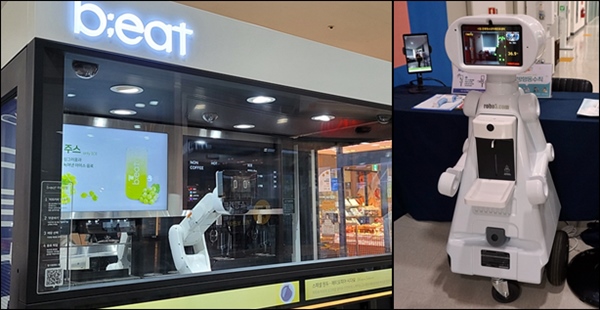 시중에 보이는 커피를 따르는 로봇(왼쪽), 교육센터에서 안내를 하는 로봇(오른쪽).