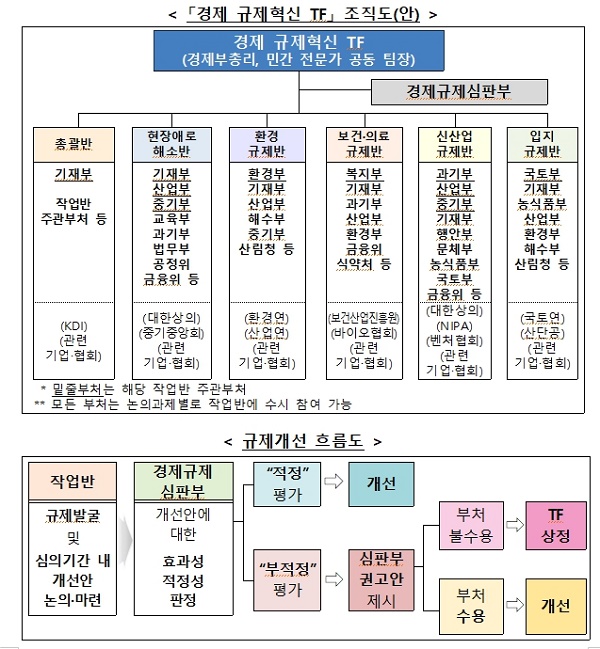 경제 규제혁신 TF」 조직도(안)과 규제개선 흐름도.