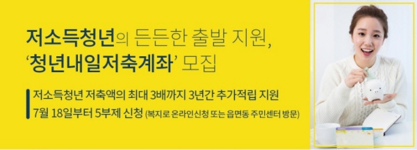 저소득 청년의 자산형성을 청년내일저축계좌가 지원한다.(출처=복지로)