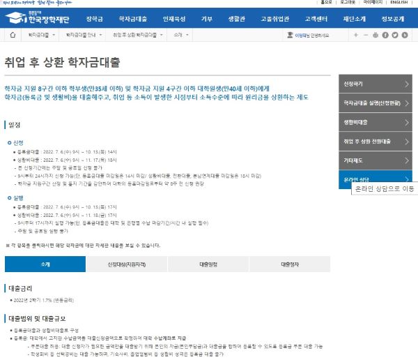 현재 진행중인 가장 대표적인 학자금대출인 취업후상한 대출에 관한 안내. 저소득층에 대해 이자지원이 진행중이다(출처=한국장학재단)