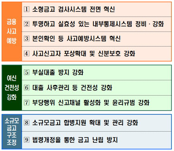 새마을금고 건전성 강화 등 종합대책 9대 추진과제. (자세한 내용은 본문에 설명 있음)