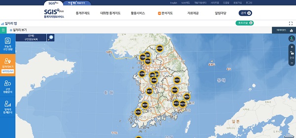 일자리보기를 클릭하면 지도에 전국 일자리 정보를 파악할 수 있다.(출처=SGIS 일자리맵 누리집)