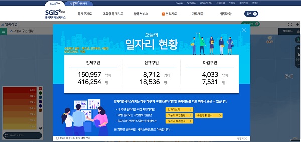 SGIS 일자리맵을 들어가면 팝업창으로 오늘의 일자리 현황을 확인할 수 있다.(출처=SGIS 일자리맵 누리집)