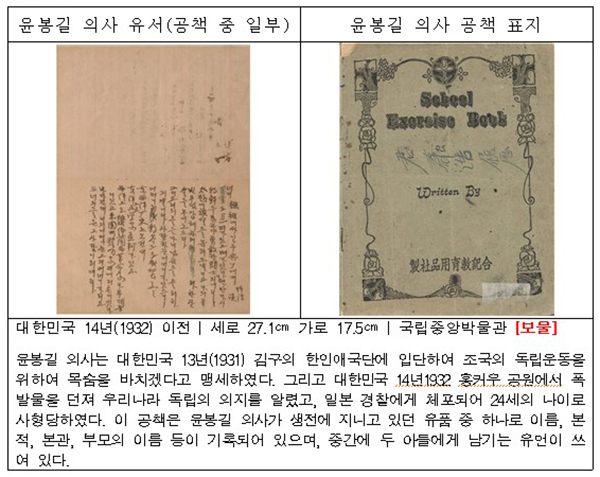 윤봉길 의사 유서 및 윤봉길 의사 공책 표지. (사진=국가보훈처)