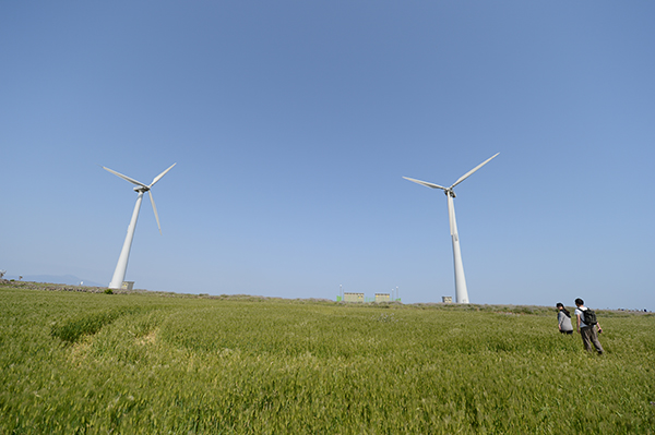 탄소제로섬 프로젝트로 만들어진 풍력발전기 2기.