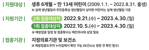 2022~2023절기 어린이 인플루엔자 국가예방접종 지원 안내. (자세한 내용은 본문에 설명 있음)