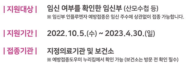 2022~2023절기 임신부 인플루엔자 국가예방접종 지원 안내. (자세한 내용은 본문에 설명 있음)