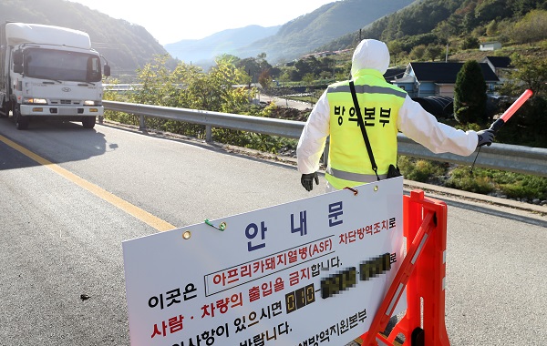 방역당국 관계자들이 아프리카돼지열병(ASF) 발생이 확인된 농가에서 입구를 통제하고 있다.(저작권자(c) 연합뉴스, 무단 전재-재배포 금지)