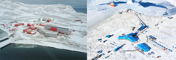 (왼쪽)남극세종과학기지, 남극장보고과학기지 전경. (사진=해양수산부)