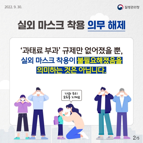 9월 26일부터 실외 마스크 착용 의무 해제