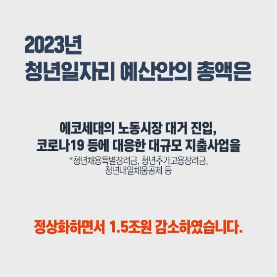 [2023년 청년 일자리 예산안] 청년이 필요로 하는 일경험·직업훈련 맞춤형 취업지원 등을 대폭 강화하였습니다.