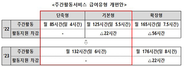 주간활동서비스 급여유형 개편안. (자세한 내용은 본문에 설명 있음)