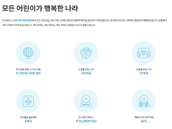 유니세프는 ‘차별 없는 구호’의 정신으로 전 세계 어린이를 돕기 위해 설립된 유엔기구다.(사진=유니세프 누리집 캡처)