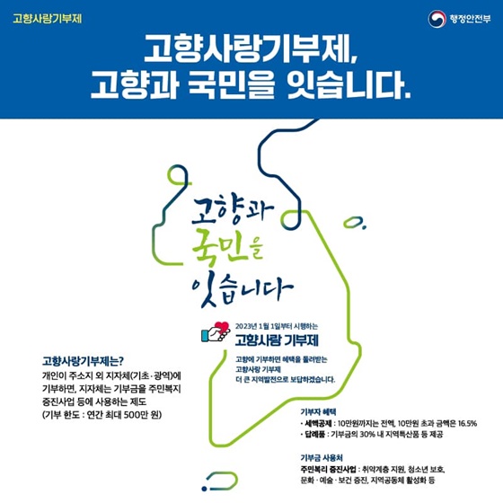 23년 1월 1일부터 고향사랑기부제가 시행됩니다.