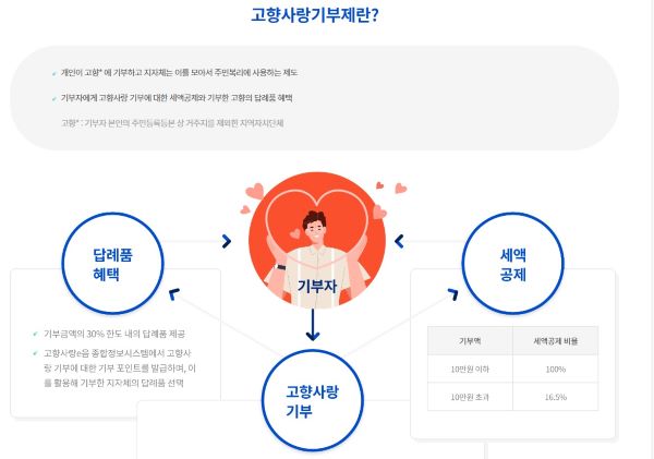 고향사랑 기부제에 대한 설명. 내가 낸 기부금으로 고향을 살리고 다양한 혜택을 받을 수 있다.