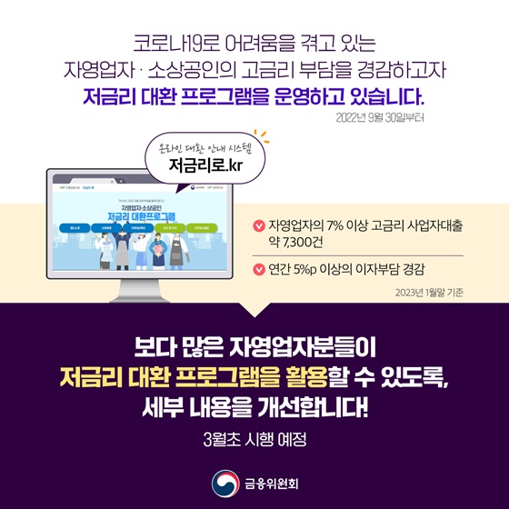 자영업자·소상공인 대상 저금리 대환 프로그램 개편