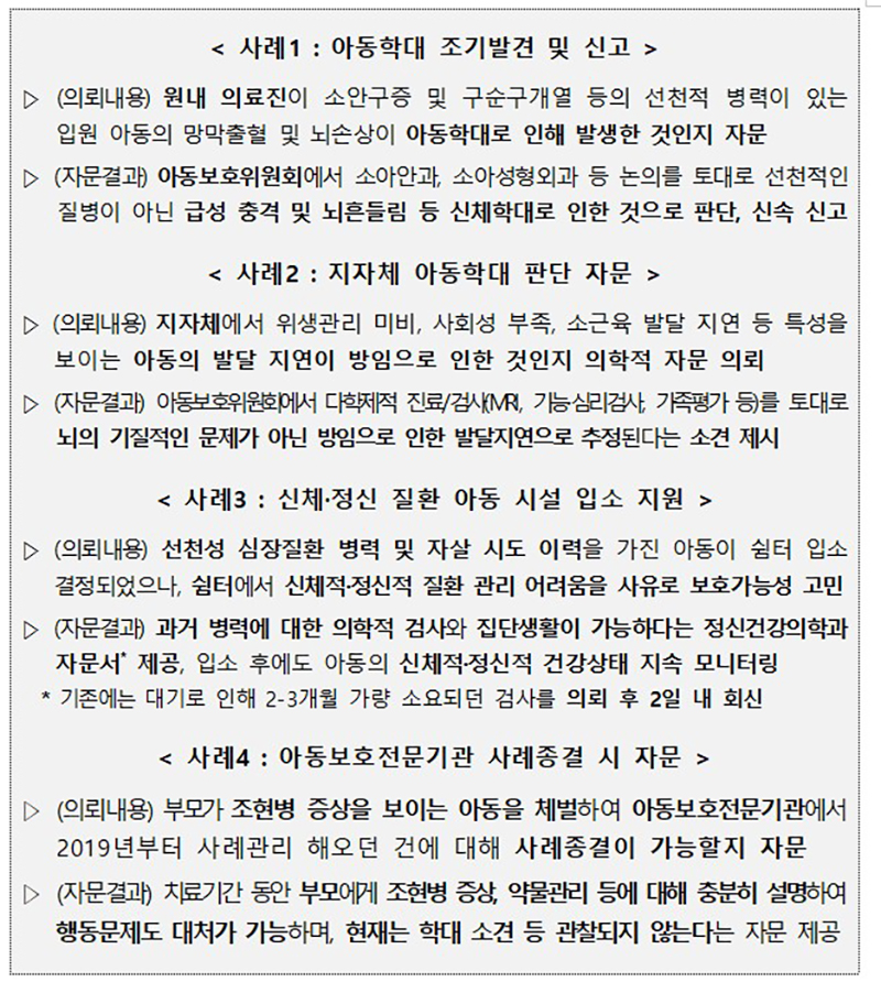 아동학대 전담의료기관 주요 사례 (본 사례는 개인정보보호를 위해 일부 내용을 각색함) (자세한 내용은 본문에 설명 있음)