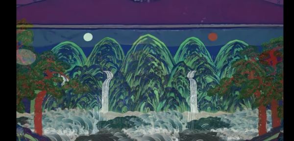 '일월오봉도' 영상을 재생하니 궁궐에 있는 '일월오봉도'를 보여주고 있다.