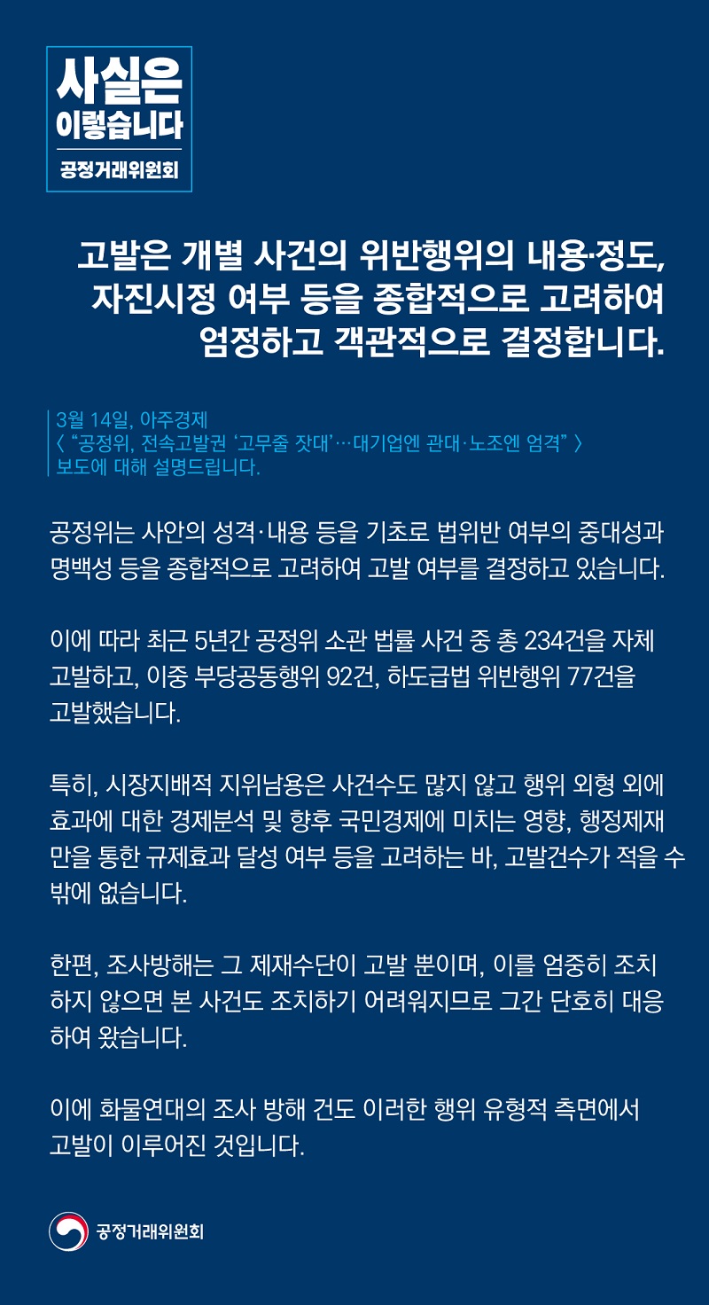 고발은 개별 사건의 위반행위의 내용·정도 등 종합 고려해 결정