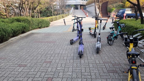 개강 후 학교 강의실 주변에 PM이 부쩍 늘었다. 일부 전동 킥보드가 무분별하게 주차되어 보행자의 통행을 방해하고 있다.