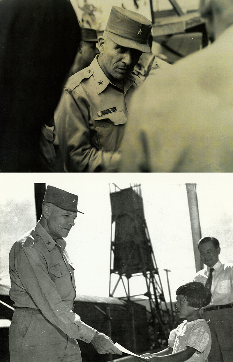 General Richard Whitcomb (above) and General Whitcomb presenting a scholarship certificate at an orphanage.  (Photo = UN Peace Memorial Hall)