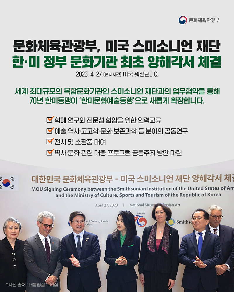 한·미 정부 문화기관 최초 양해각서 체결 하단내용 참조