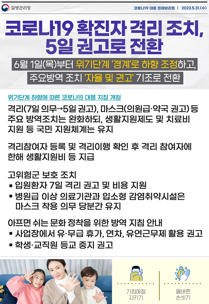 코로나19 확진자 격리 조치, 5일 권고로 전환 하단내용 참조